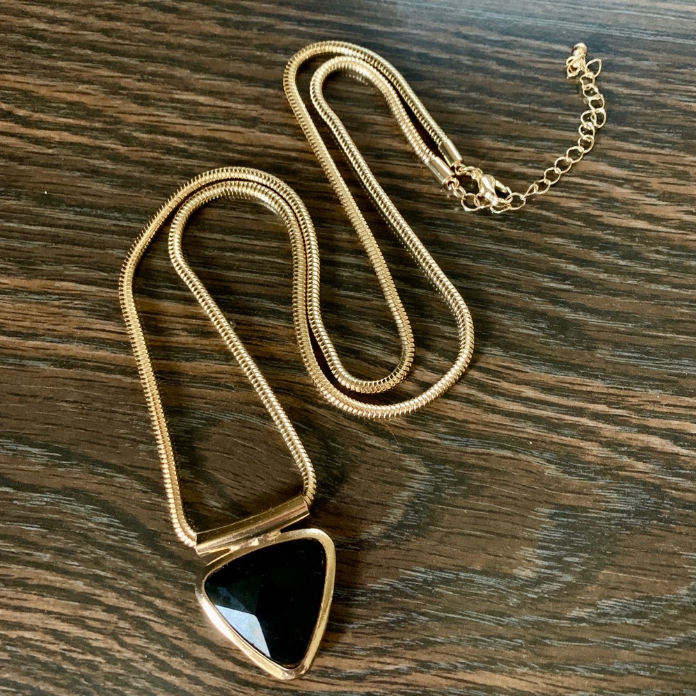 Gold Tone Snake Chain - Black Triangle Pendant Necklace.
